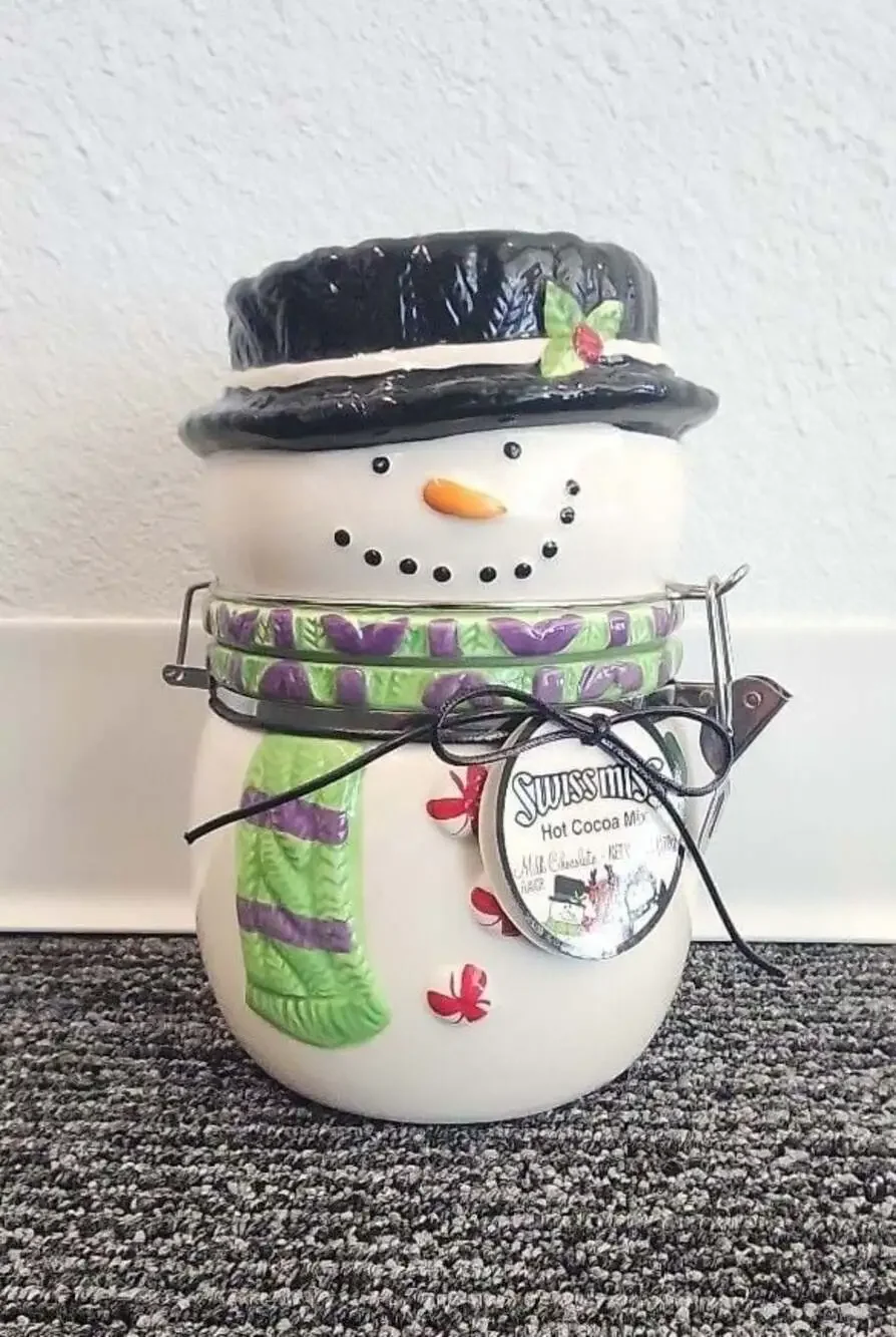 Swiss Miss Ceramic Snowman Hinged Holiday Cocoa Canister Cookie Jar